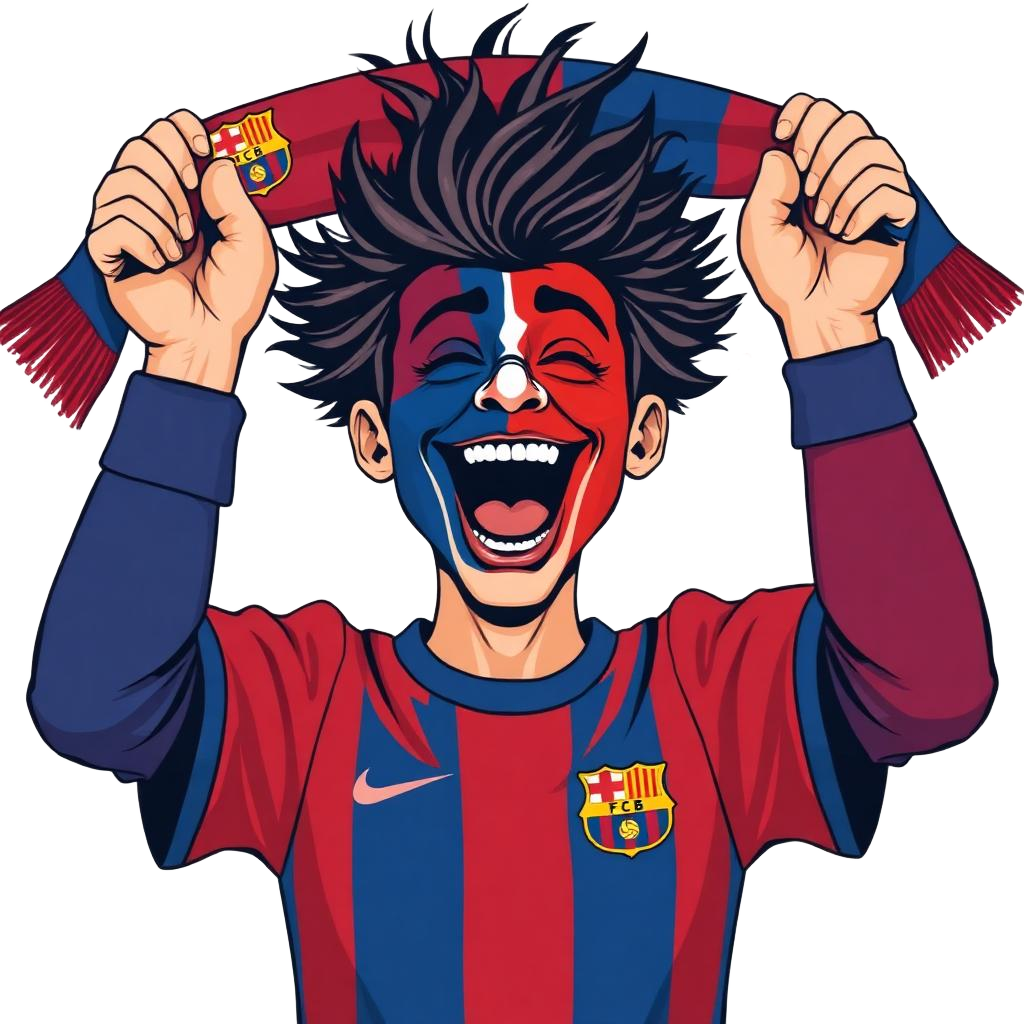 Eccentric Barça supporter with face painted garnet and blue, raising a Blaugrana scarf mid-chant